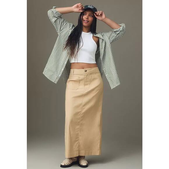 Anthropologie Maeve The Colette Maxi Skirt Back Slit Cotton Poplin Tan XS - Picture 1 of 10